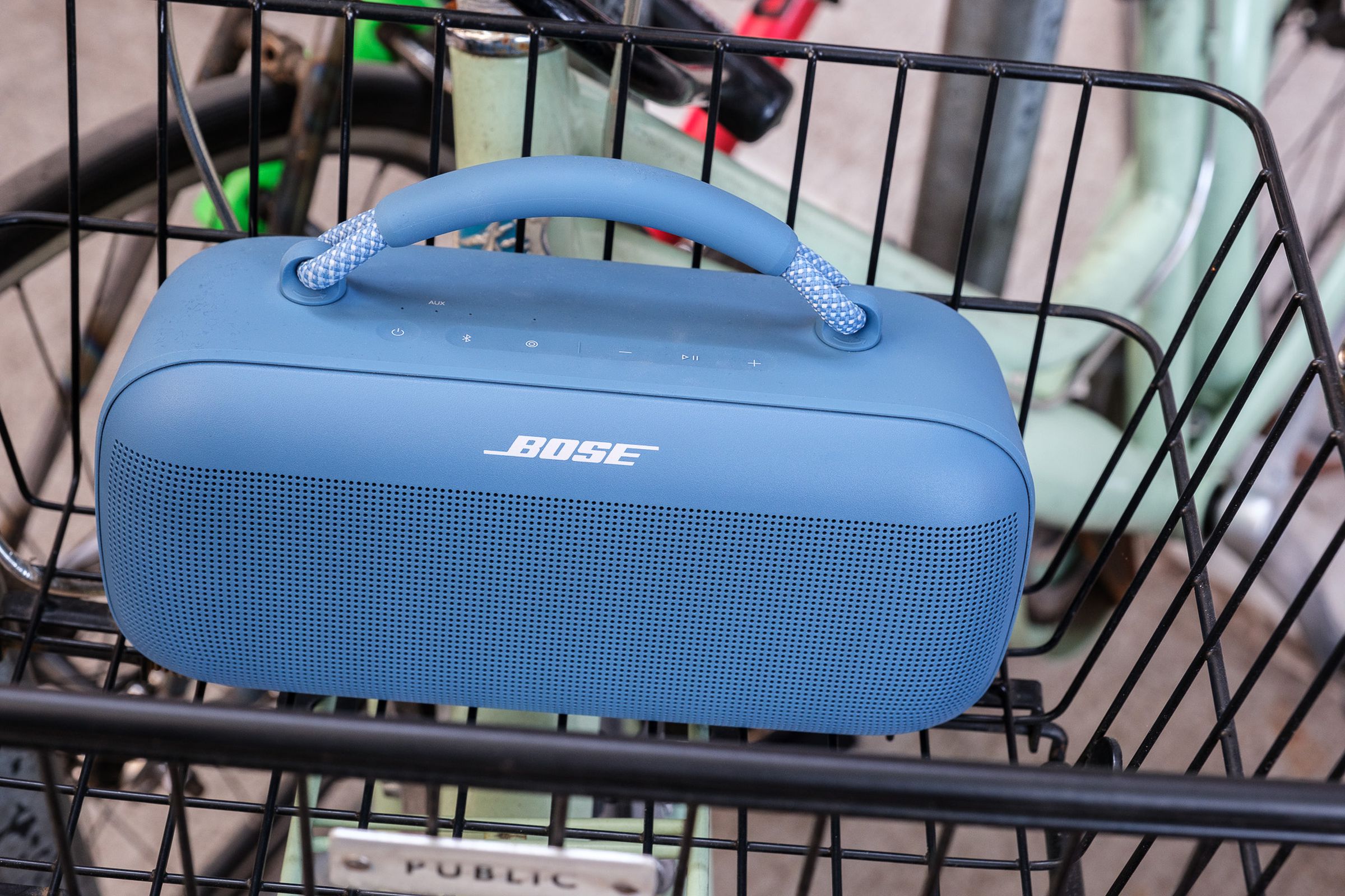 A photo of Bose’s light blue SoundLink Max portable speaker.